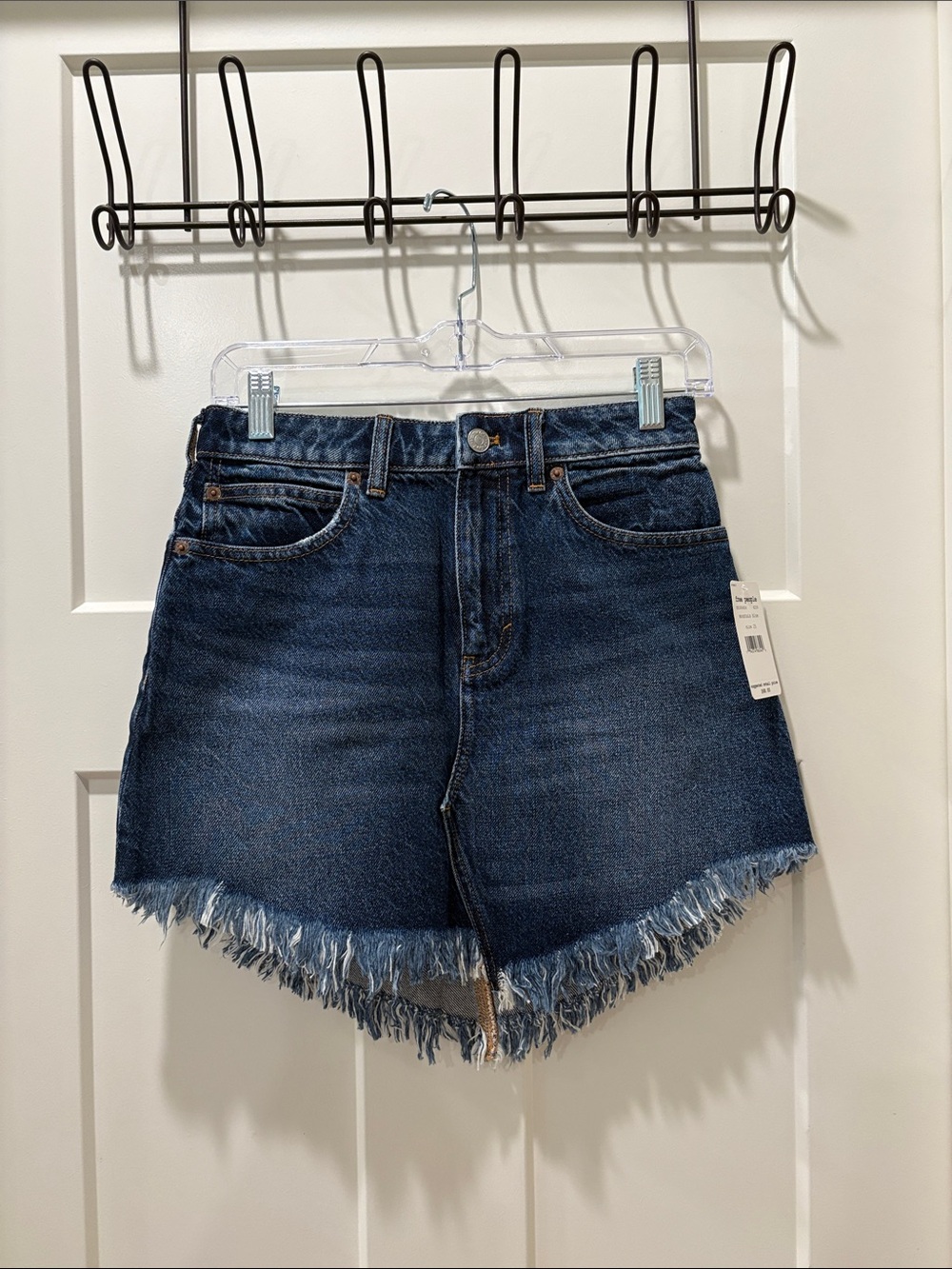 Free People Dark Blue Frayed Hem High-Rise Jean Shorts